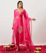 Pink pure handwoven chanderi, zariorganza kurta set