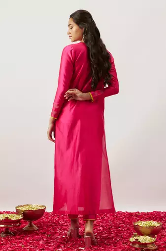 Pink pure handwoven chanderi, zariorganza kurta set