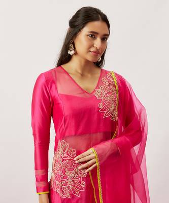 Pink pure handwoven chanderi, zariorganza kurta set 3