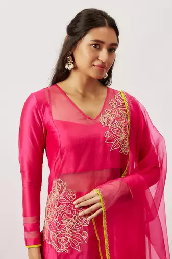 Pink pure handwoven chanderi, zariorganza kurta set