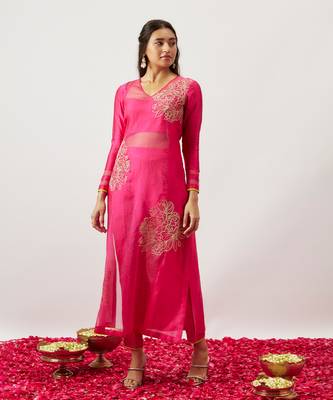 Pink pure handwoven chanderi, zariorganza kurta set 5