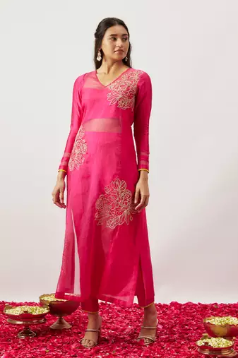 Pink pure handwoven chanderi, zariorganza kurta set