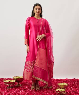 Pink pure handwoven chanderi, zariorganza kurta set 1