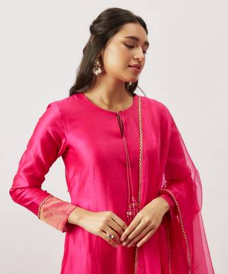 Pink pure handwoven chanderi, zariorganza kurta set 3