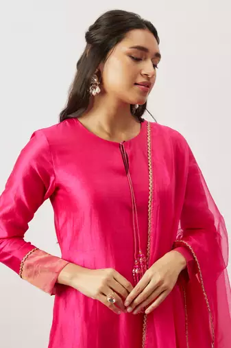 Pink pure handwoven chanderi, zariorganza kurta set