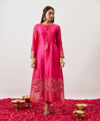 Pink pure handwoven chanderi, zariorganza kurta set 4