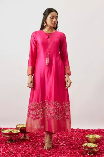 Pink pure handwoven chanderi, zariorganza kurta set