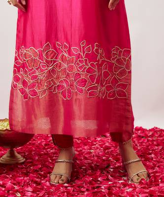 Pink pure handwoven chanderi, zariorganza kurta set 5