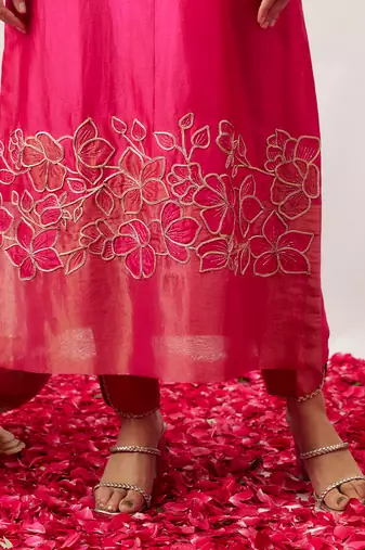 Pink pure handwoven chanderi, zariorganza kurta set