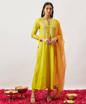 Lime green pure handwoven chanderi, zariorganza kurta set 1