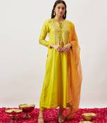 Lime green pure handwoven chanderi, zariorganza kurta set