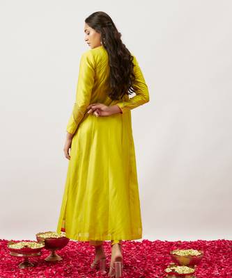 Lime green pure handwoven chanderi, zariorganza kurta set 2