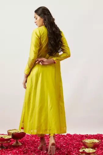 Lime green pure handwoven chanderi, zariorganza kurta set
