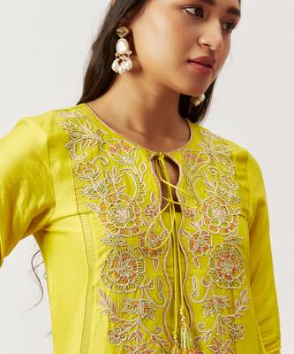 Lime green pure handwoven chanderi, zariorganza kurta set 3