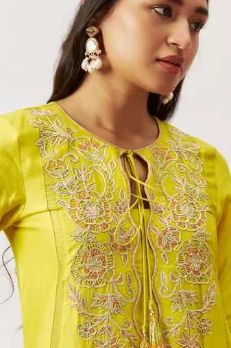 Lime green pure handwoven chanderi, zariorganza kurta set