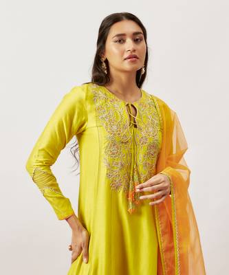 Lime green pure handwoven chanderi, zariorganza kurta set 4