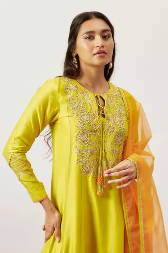 Lime green pure handwoven chanderi, zariorganza kurta set