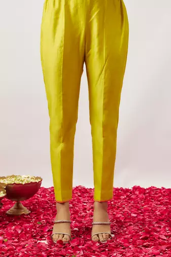 Lime green pure handwoven chanderi, zariorganza kurta set