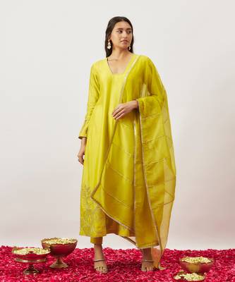 Lime green pure handwoven chanderi, zariorganza kurta set 1