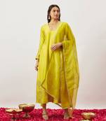 Lime green pure handwoven chanderi, zariorganza kurta set