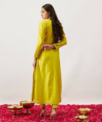 Lime green pure handwoven chanderi, zariorganza kurta set 2