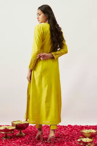Lime green pure handwoven chanderi, zariorganza kurta set