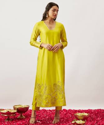 Lime green pure handwoven chanderi, zariorganza kurta set 3