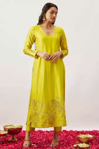Lime green pure handwoven chanderi, zariorganza kurta set