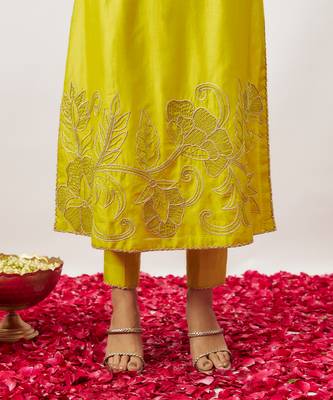 Lime green pure handwoven chanderi, zariorganza kurta set 5