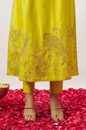 Lime green pure handwoven chanderi, zariorganza kurta set