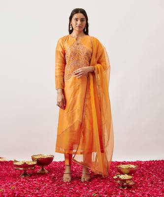 Orange pure handwoven chanderi, zariorganza kurta set 1