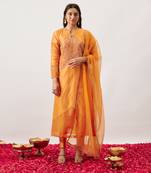 Orange pure handwoven chanderi, zariorganza kurta set