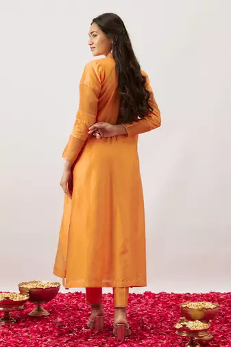 Orange pure handwoven chanderi, zariorganza kurta set