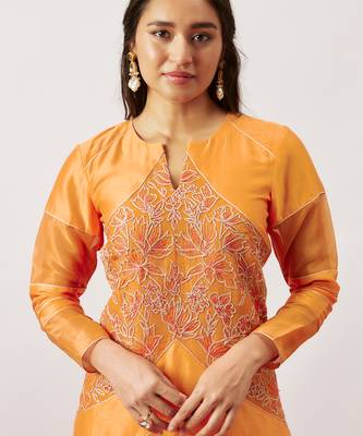 Orange pure handwoven chanderi, zariorganza kurta set 3