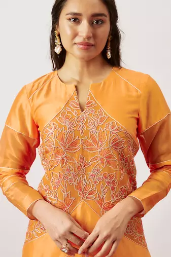 Orange pure handwoven chanderi, zariorganza kurta set