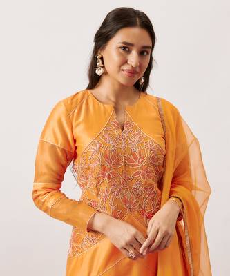 Orange pure handwoven chanderi, zariorganza kurta set 4