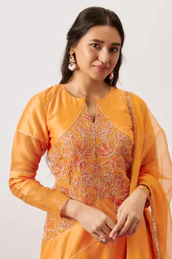 Orange pure handwoven chanderi, zariorganza kurta set