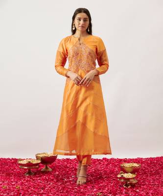 Orange pure handwoven chanderi, zariorganza kurta set 5