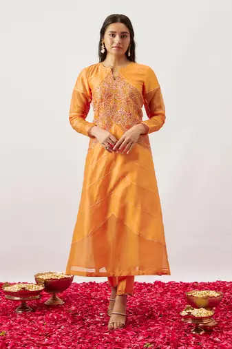 Orange pure handwoven chanderi, zariorganza kurta set