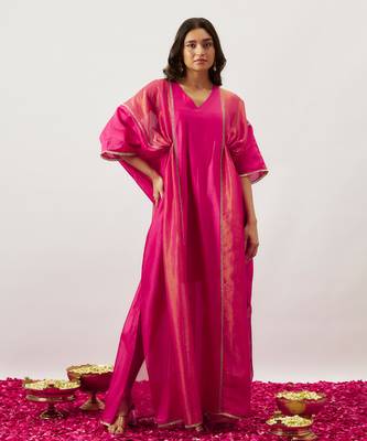 Pink pure handwoven chanderi, zariorganza kaftan 1