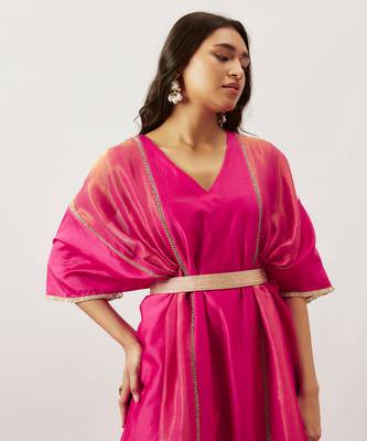 Pink pure handwoven chanderi, zariorganza kaftan 2