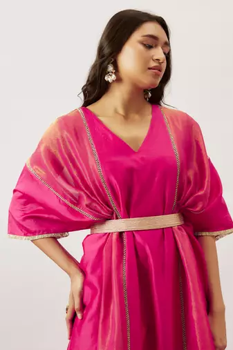 Pink pure handwoven chanderi, zariorganza kaftan