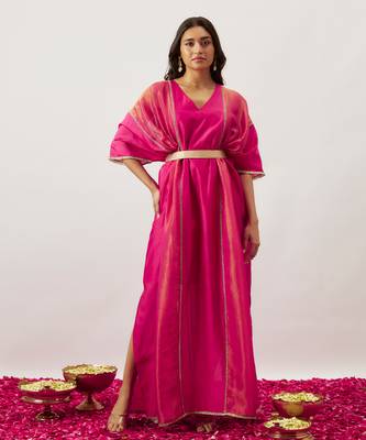 Pink pure handwoven chanderi, zariorganza kaftan 3