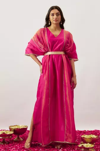 Pink pure handwoven chanderi, zariorganza kaftan