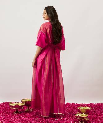 Pink pure handwoven chanderi, zariorganza kaftan 4