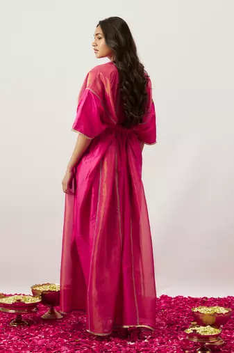 Pink pure handwoven chanderi, zariorganza kaftan