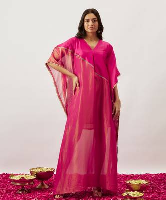 Pink pure handwoven chanderi, zariorganza kaftan 1