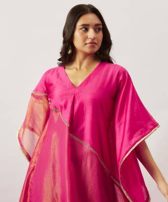 Pink pure handwoven chanderi, zariorganza kaftan 2