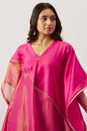 Pink pure handwoven chanderi, zariorganza kaftan