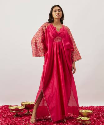 Pink pure handwoven chanderi, zariorganza kaftan 1